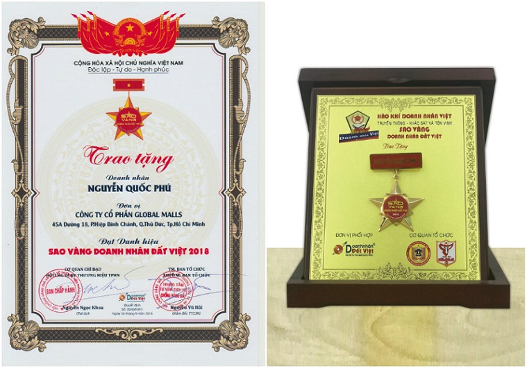 Global Malls - Chứng nhận Sao V&agrave;ng Doanh Nh&acirc;n Đất Việt 2018 được trao cho Chủ tịch Nguyễn Quốc Ph&uacute;&nbsp;