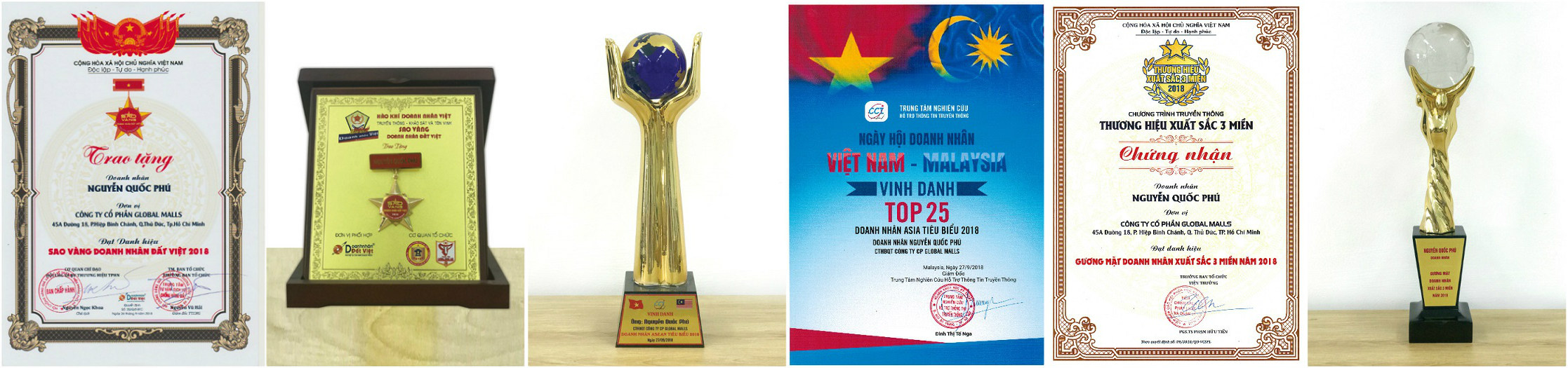 Trong năm 2018, Global Malls v&agrave; Doanh nh&acirc;n Nguyễn Quốc Ph&uacute; đ&atilde; mang về h&agrave;ng loạt c&aacute;c danh hiệu